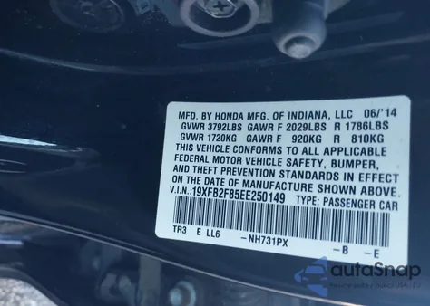 2014 Honda Civic Ex from USA, damaged, VIN 19XFB2F85EE250149